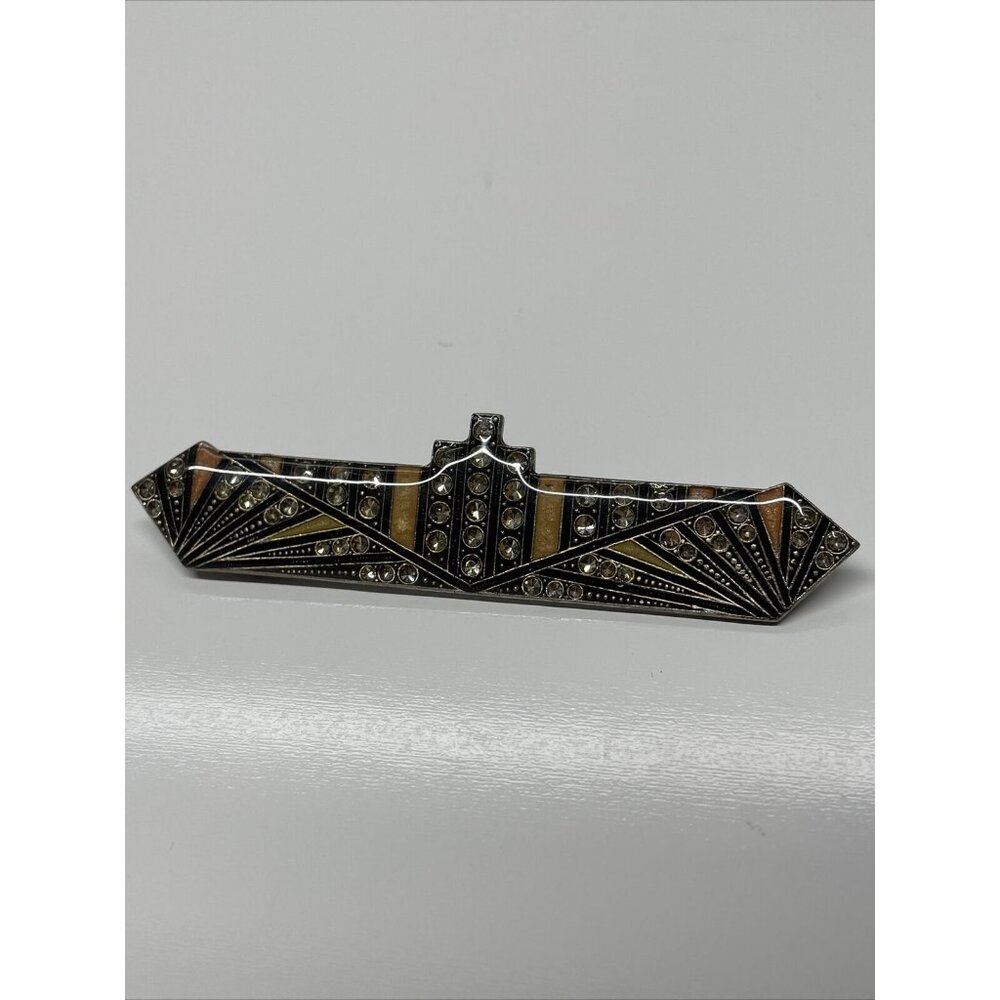 Vtg PIERRE BEX? Style JEWELRY ART DECO Ocean Liner ENAMEL BROOCH Pin Rhinestones